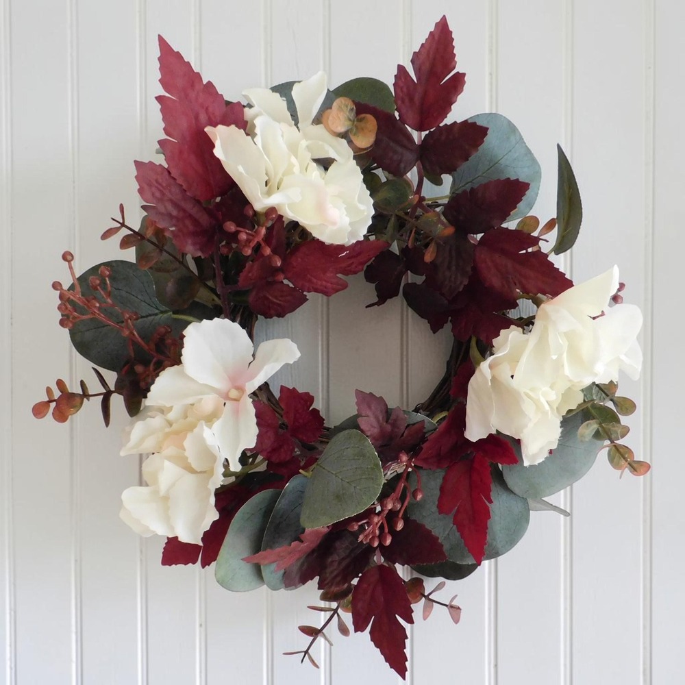Mini Fall Candle Ring, Grapevine Wreath, Burgundy Leaves, Dried Look Hydrangeas